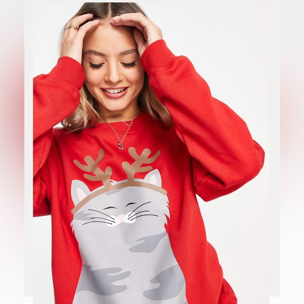 NWT MONKL M CHRISTMAS CAT SWEATSHIRT w REINDEER ANTLERS RED CREWNECK in COTTON